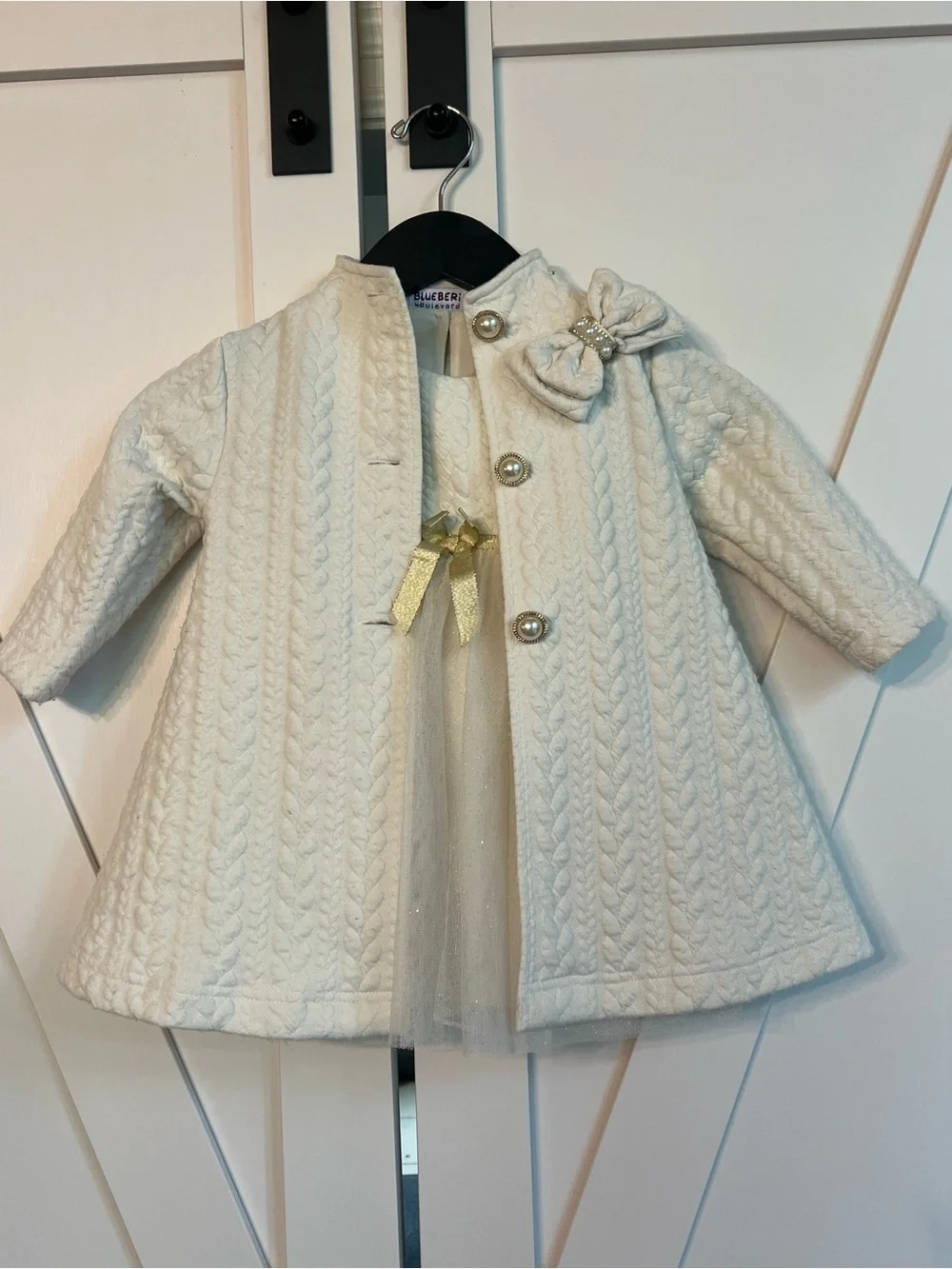 Blueberi Boulevard Cream Tulle Dress with Gold Bow